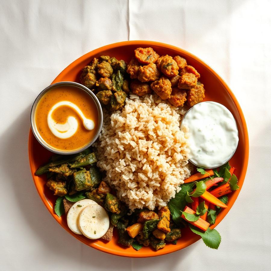 Dal, brown rice & sabzi thali — Lunch from the Ayurvedic meal plan
